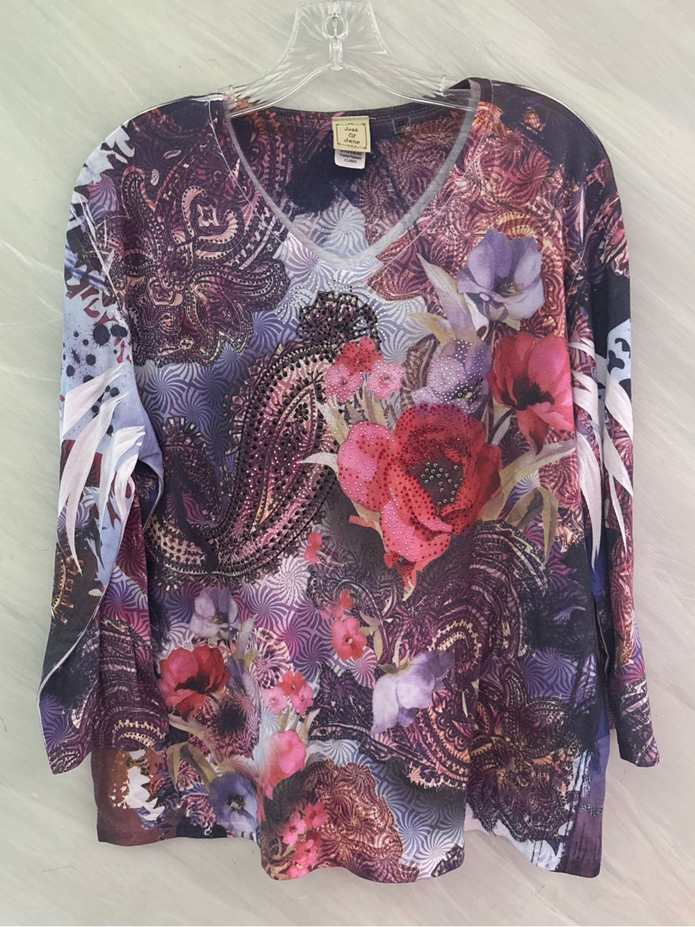 Jess & Jane XL Pink/Purple Embellished V-Neck 3/4 Sleeve Blouse Artsy